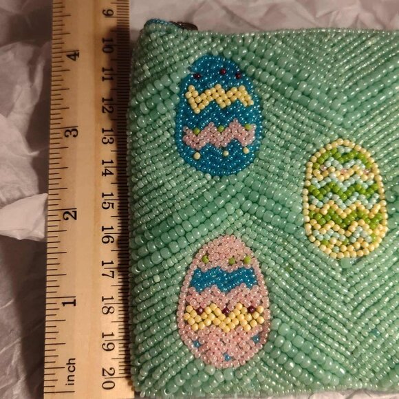 Easter Egg Aqua blue beaded zippered mini clutch, pouch - Picture 4 of 14